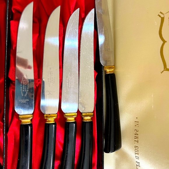 24KT GOLD Plate 3 PC Carving Set with 6 Steak Knives in Original Box ENGLAND. - Picture 6 of 13